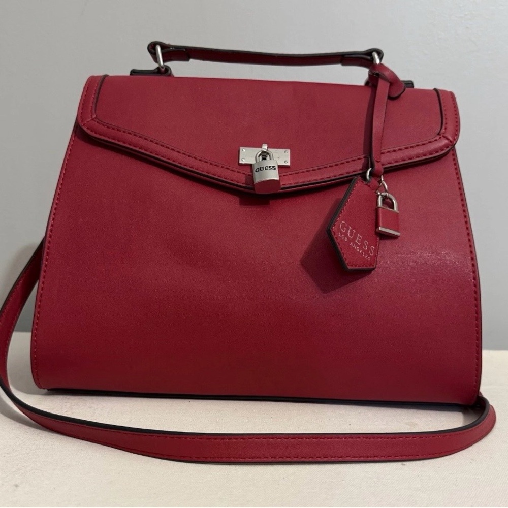 GUESS Kravitz Red Structured Top-Handle Satchel Crossbody Bag with Charm